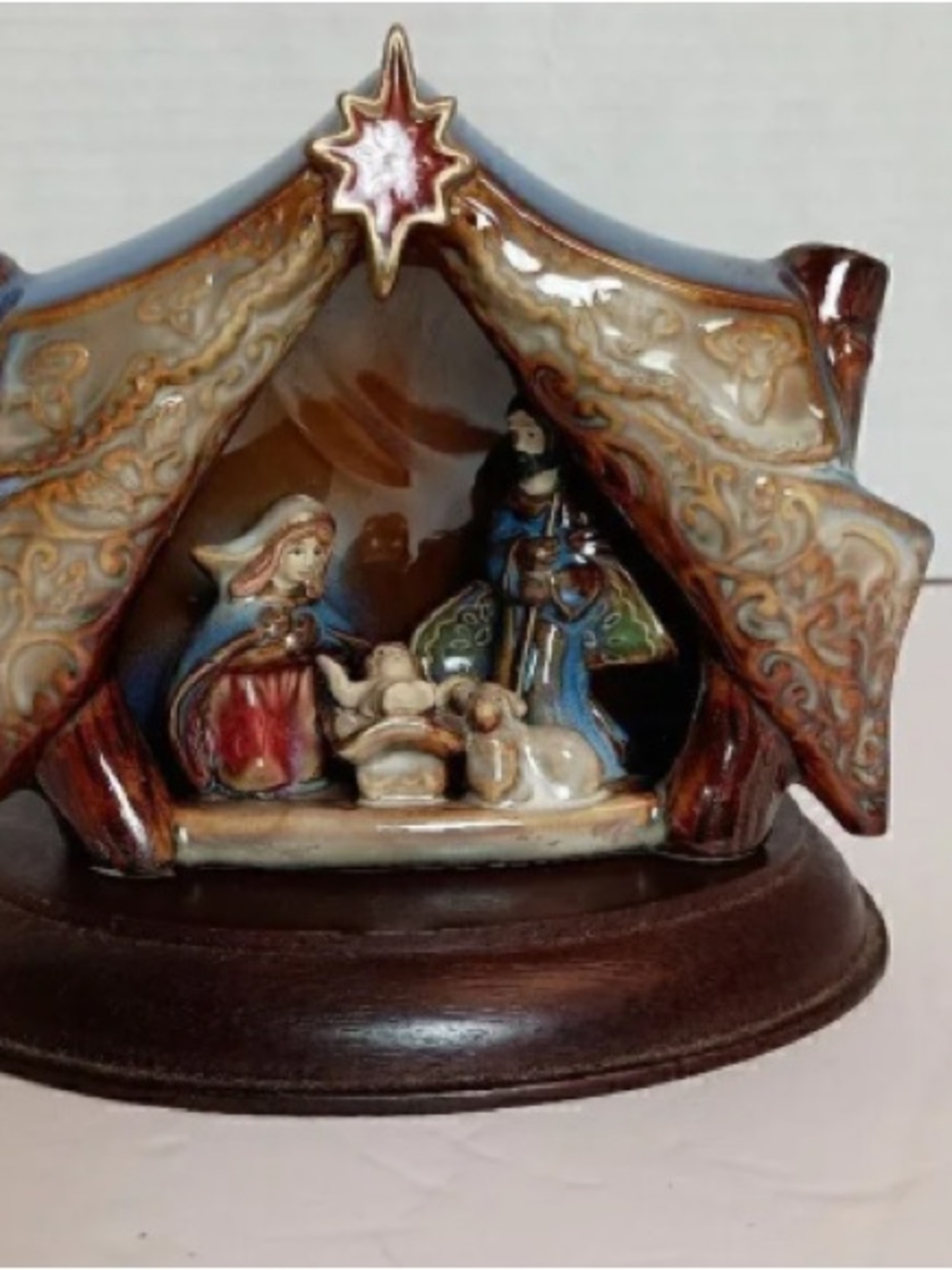 Hand-Painted Ceramic Nativity Ornament - Brown & Blue Holiday Figurine